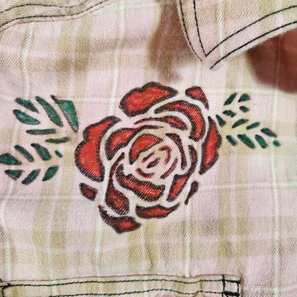 Upcycled Hand PaintedFlowers Butterflies Flannel Shirt - Bleached Red M - Picture 6 of 10